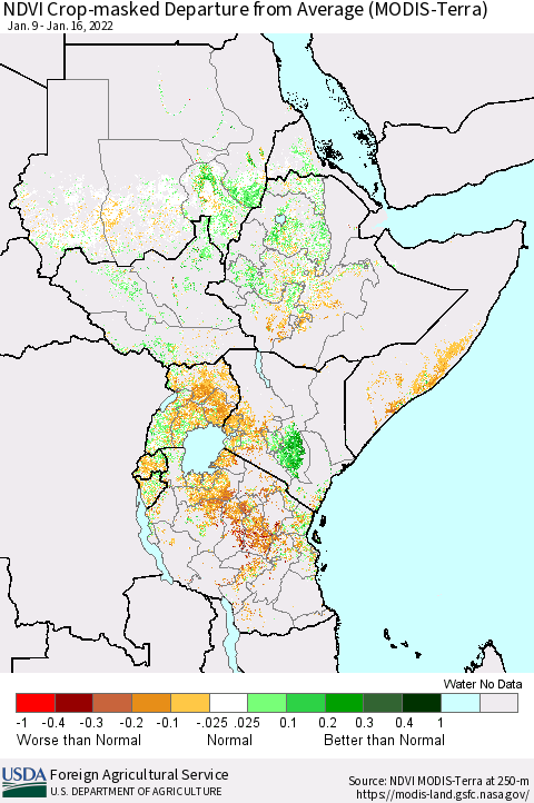 Eastern Africa Cropland NDVI Departure from Average (Terra-MODIS) Thematic Map For 1/11/2022 - 1/20/2022