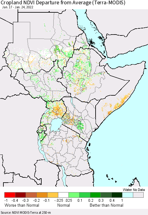 Eastern Africa Cropland NDVI Departure from Average (Terra-MODIS) Thematic Map For 1/17/2022 - 1/24/2022