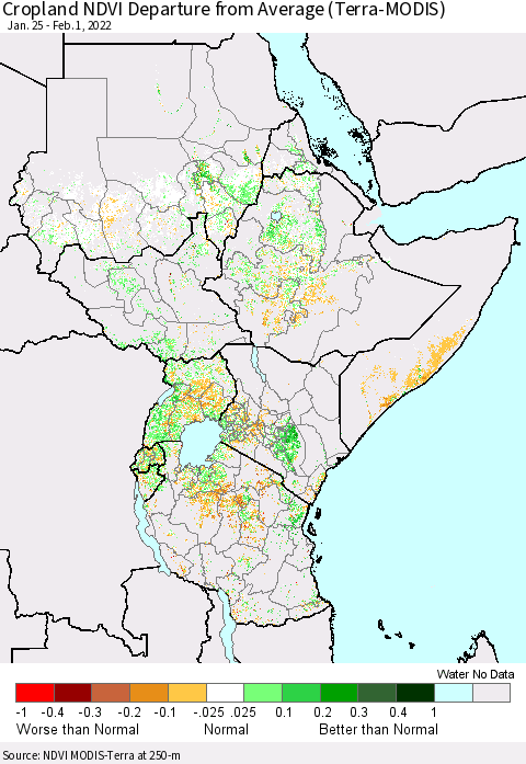 Eastern Africa Cropland NDVI Departure from Average (Terra-MODIS) Thematic Map For 1/25/2022 - 2/1/2022