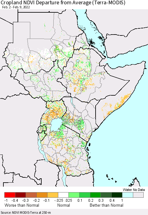 Eastern Africa Cropland NDVI Departure from Average (Terra-MODIS) Thematic Map For 2/2/2022 - 2/9/2022