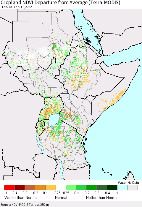 Eastern Africa Cropland NDVI Departure from Average (Terra-MODIS) Thematic Map For 2/10/2022 - 2/17/2022