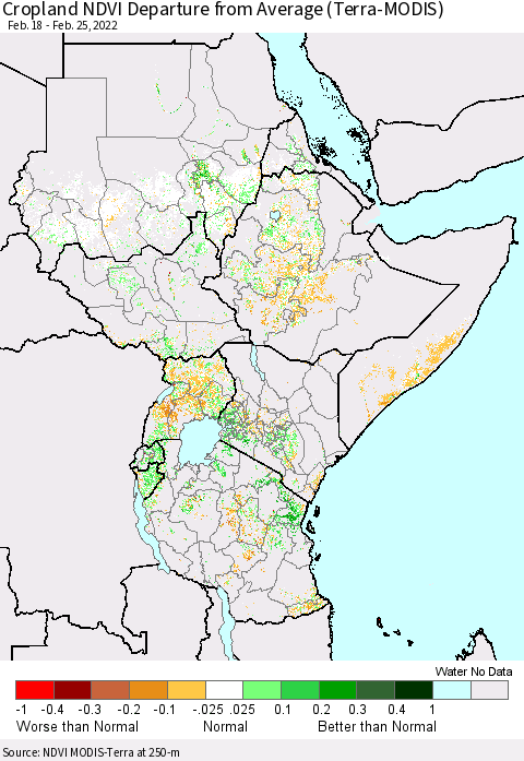 Eastern Africa Cropland NDVI Departure from Average (Terra-MODIS) Thematic Map For 2/18/2022 - 2/25/2022