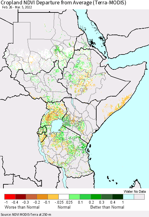 Eastern Africa Cropland NDVI Departure from Average (Terra-MODIS) Thematic Map For 2/26/2022 - 3/5/2022