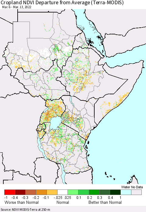 Eastern Africa Cropland NDVI Departure from Average (Terra-MODIS) Thematic Map For 3/6/2022 - 3/13/2022