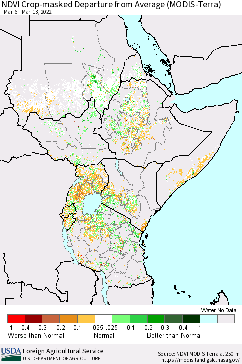Eastern Africa Cropland NDVI Departure from Average (Terra-MODIS) Thematic Map For 3/11/2022 - 3/20/2022