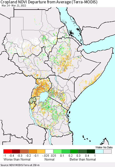 Eastern Africa Cropland NDVI Departure from Average (Terra-MODIS) Thematic Map For 3/14/2022 - 3/21/2022