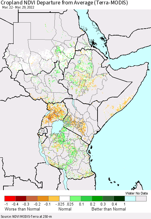 Eastern Africa Cropland NDVI Departure from Average (Terra-MODIS) Thematic Map For 3/22/2022 - 3/29/2022