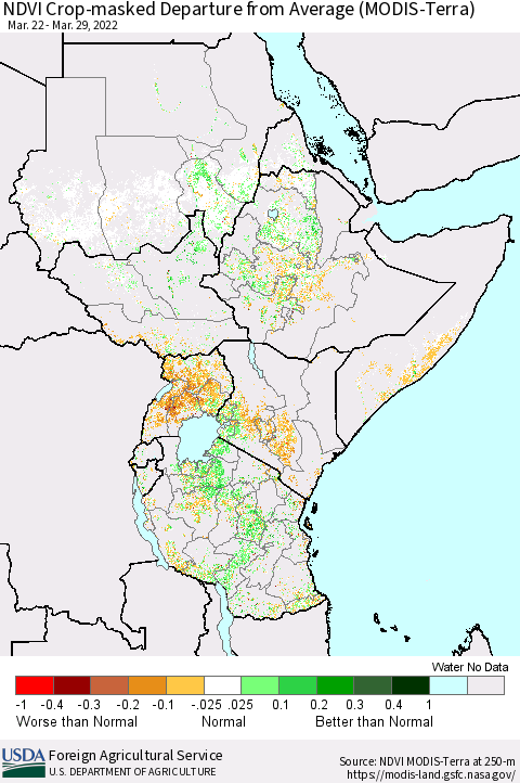 Eastern Africa Cropland NDVI Departure from Average (Terra-MODIS) Thematic Map For 3/21/2022 - 3/31/2022
