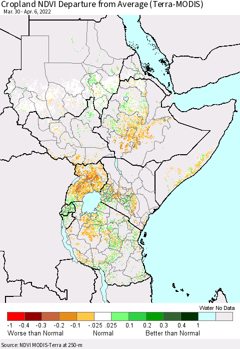 Eastern Africa Cropland NDVI Departure from Average (Terra-MODIS) Thematic Map For 3/30/2022 - 4/6/2022