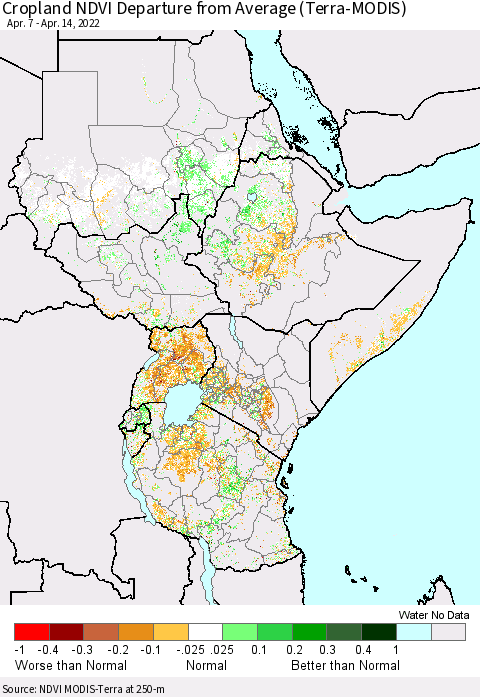 Eastern Africa Cropland NDVI Departure from Average (Terra-MODIS) Thematic Map For 4/7/2022 - 4/14/2022