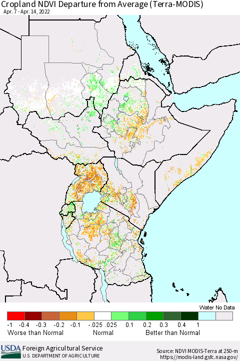 Eastern Africa Cropland NDVI Departure from Average (Terra-MODIS) Thematic Map For 4/11/2022 - 4/20/2022