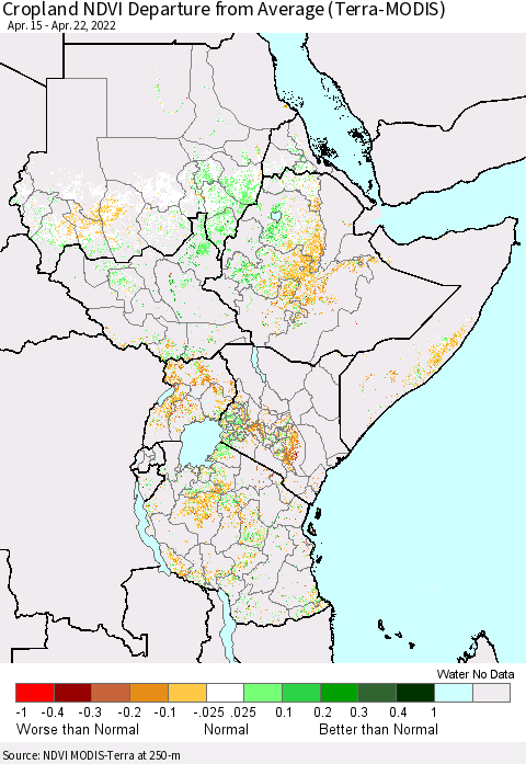 Eastern Africa Cropland NDVI Departure from Average (Terra-MODIS) Thematic Map For 4/15/2022 - 4/22/2022