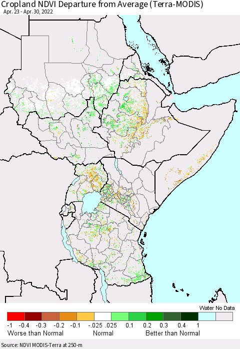 Eastern Africa Cropland NDVI Departure from Average (Terra-MODIS) Thematic Map For 4/21/2022 - 4/30/2022