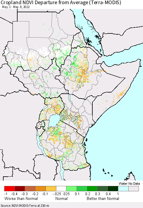 Eastern Africa Cropland NDVI Departure from Average (Terra-MODIS) Thematic Map For 5/1/2022 - 5/8/2022