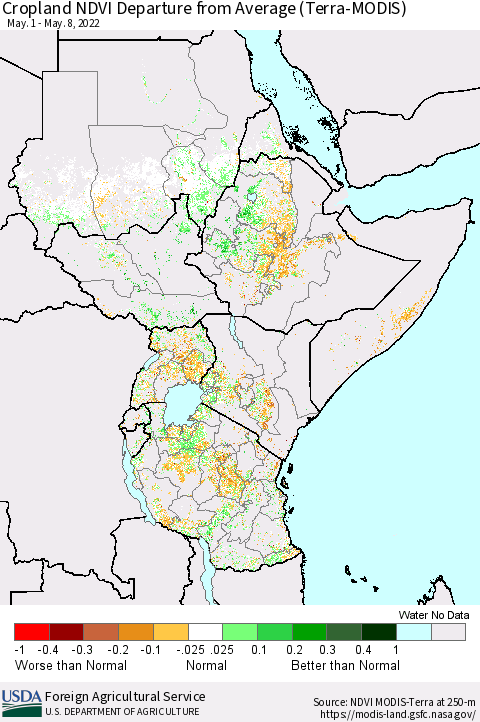 Eastern Africa Cropland NDVI Departure from Average (Terra-MODIS) Thematic Map For 5/1/2022 - 5/10/2022