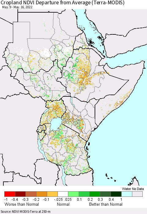 Eastern Africa Cropland NDVI Departure from Average (Terra-MODIS) Thematic Map For 5/9/2022 - 5/16/2022