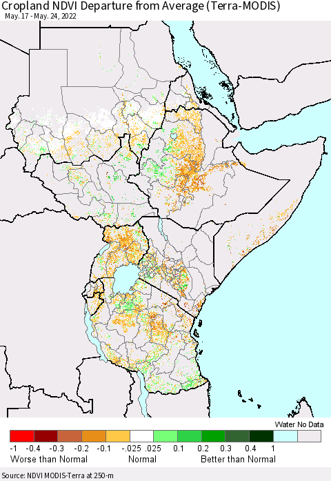 Eastern Africa Cropland NDVI Departure from Average (Terra-MODIS) Thematic Map For 5/17/2022 - 5/24/2022