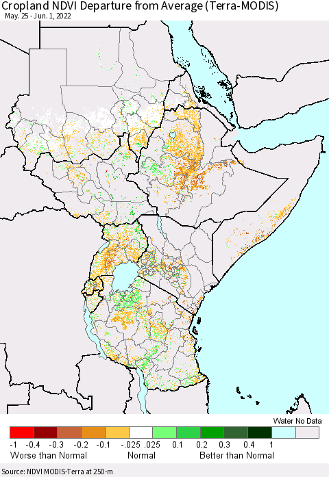 Eastern Africa Cropland NDVI Departure from Average (Terra-MODIS) Thematic Map For 5/25/2022 - 6/1/2022