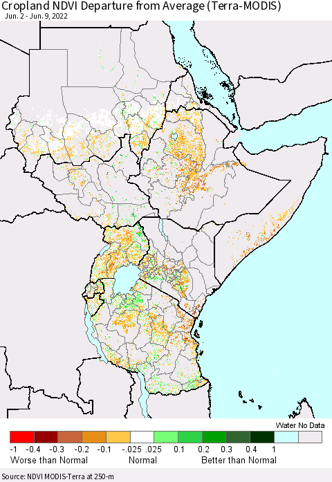 Eastern Africa Cropland NDVI Departure from Average (Terra-MODIS) Thematic Map For 6/2/2022 - 6/9/2022