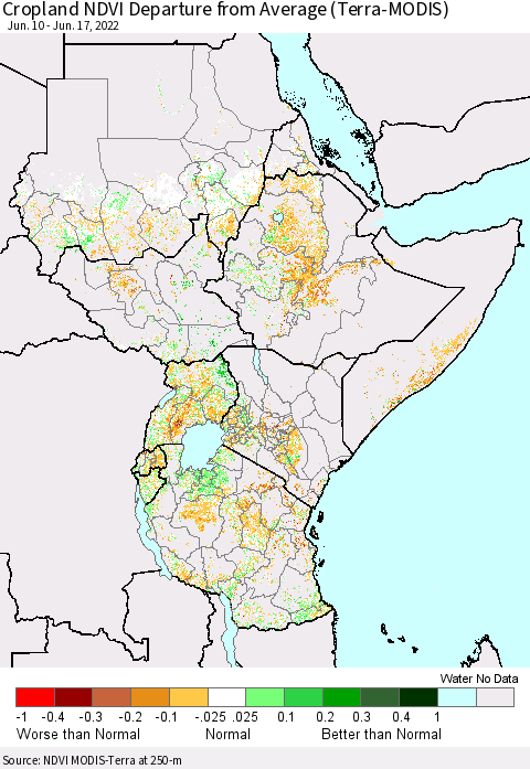 Eastern Africa Cropland NDVI Departure from Average (Terra-MODIS) Thematic Map For 6/10/2022 - 6/17/2022
