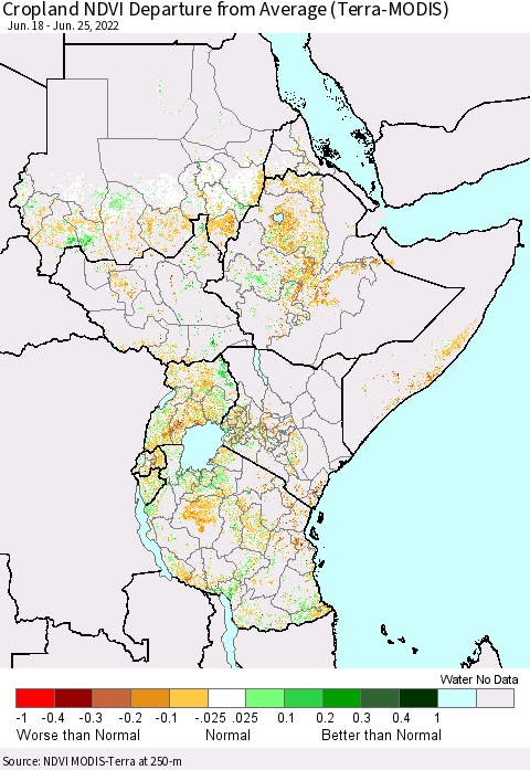 Eastern Africa Cropland NDVI Departure from Average (Terra-MODIS) Thematic Map For 6/18/2022 - 6/25/2022