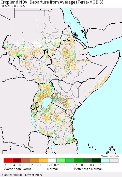Eastern Africa Cropland NDVI Departure from Average (Terra-MODIS) Thematic Map For 6/26/2022 - 7/3/2022