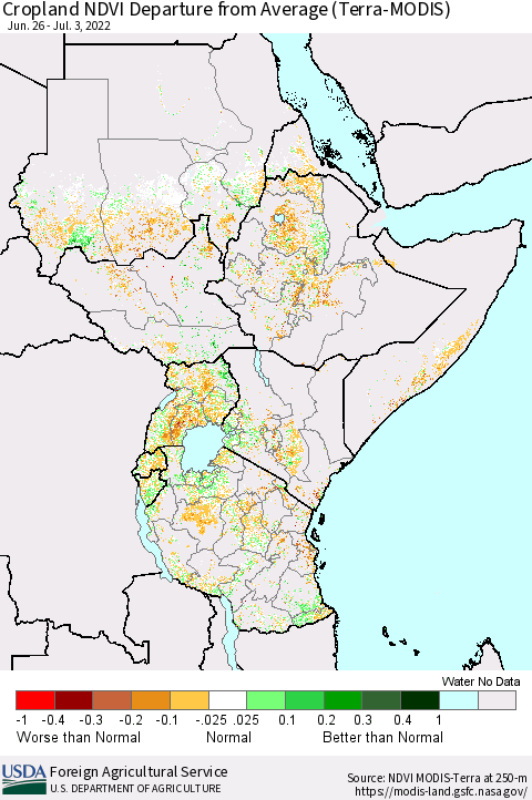 Eastern Africa Cropland NDVI Departure from Average (Terra-MODIS) Thematic Map For 7/1/2022 - 7/10/2022