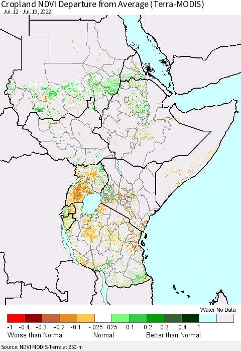 Eastern Africa Cropland NDVI Departure from Average (Terra-MODIS) Thematic Map For 7/12/2022 - 7/19/2022