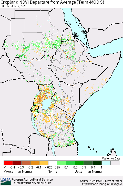 Eastern Africa Cropland NDVI Departure from Average (Terra-MODIS) Thematic Map For 7/11/2022 - 7/20/2022