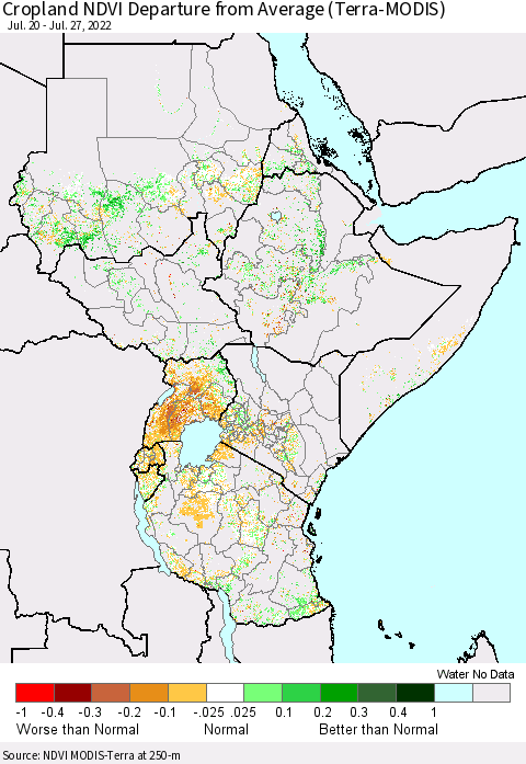 Eastern Africa Cropland NDVI Departure from Average (Terra-MODIS) Thematic Map For 7/20/2022 - 7/27/2022