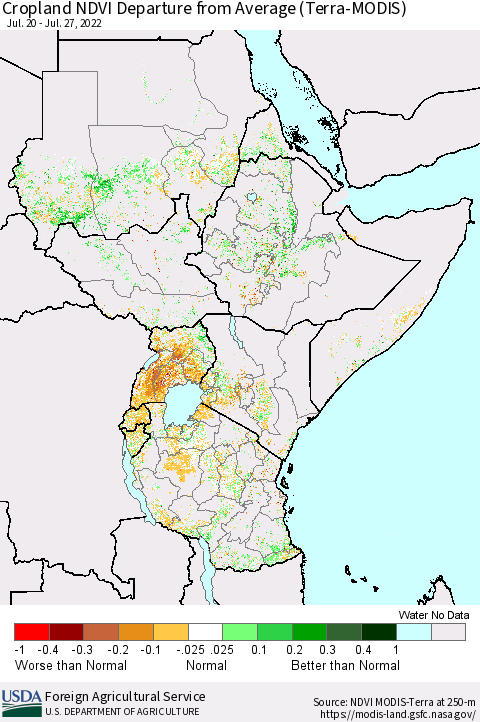 Eastern Africa Cropland NDVI Departure from Average (Terra-MODIS) Thematic Map For 7/21/2022 - 7/31/2022