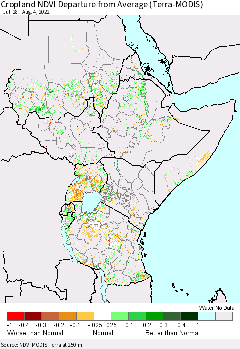 Eastern Africa Cropland NDVI Departure from Average (Terra-MODIS) Thematic Map For 7/28/2022 - 8/4/2022