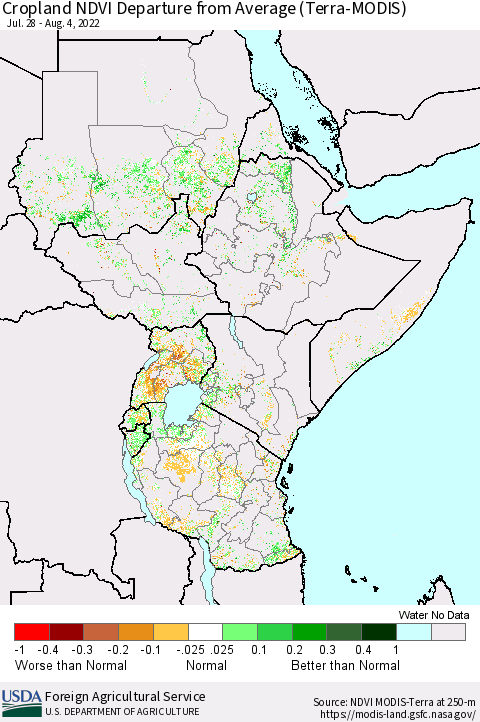 Eastern Africa Cropland NDVI Departure from Average (Terra-MODIS) Thematic Map For 8/1/2022 - 8/10/2022