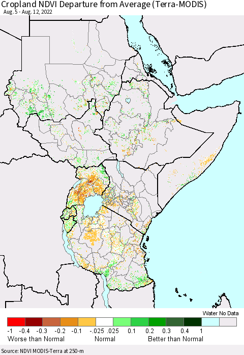 Eastern Africa Cropland NDVI Departure from Average (Terra-MODIS) Thematic Map For 8/5/2022 - 8/12/2022