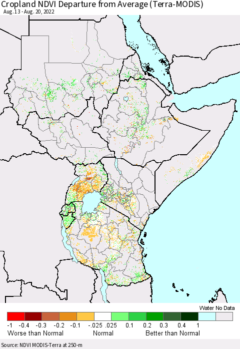 Eastern Africa Cropland NDVI Departure from Average (Terra-MODIS) Thematic Map For 8/13/2022 - 8/20/2022