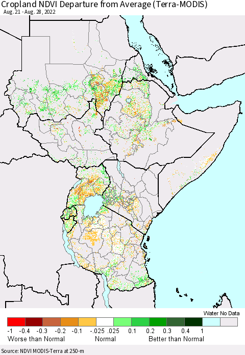 Eastern Africa Cropland NDVI Departure from Average (Terra-MODIS) Thematic Map For 8/21/2022 - 8/28/2022