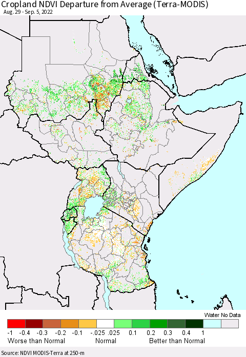 Eastern Africa Cropland NDVI Departure from Average (Terra-MODIS) Thematic Map For 8/29/2022 - 9/5/2022