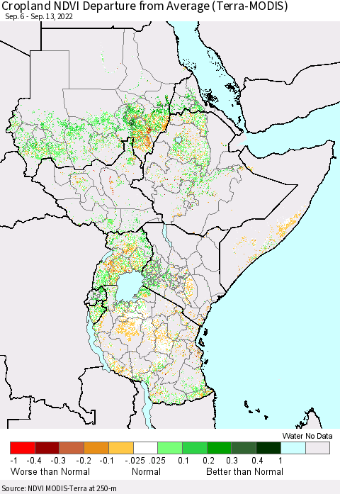 Eastern Africa Cropland NDVI Departure from Average (Terra-MODIS) Thematic Map For 9/6/2022 - 9/13/2022