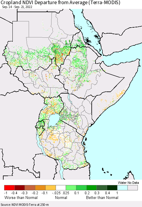 Eastern Africa Cropland NDVI Departure from Average (Terra-MODIS) Thematic Map For 9/14/2022 - 9/21/2022