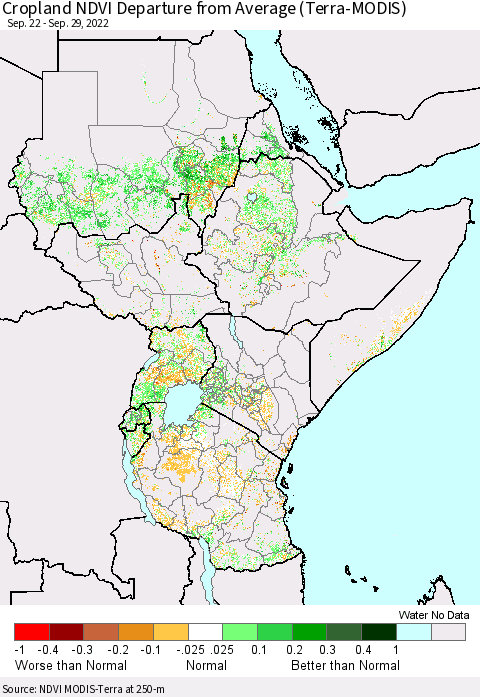 Eastern Africa Cropland NDVI Departure from Average (Terra-MODIS) Thematic Map For 9/22/2022 - 9/29/2022