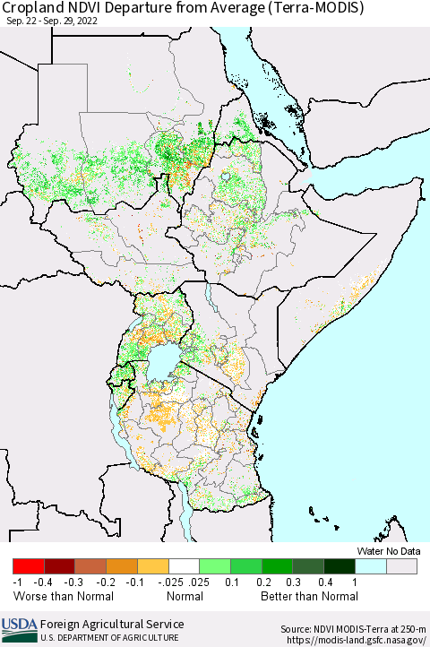 Eastern Africa Cropland NDVI Departure from Average (Terra-MODIS) Thematic Map For 9/21/2022 - 9/30/2022