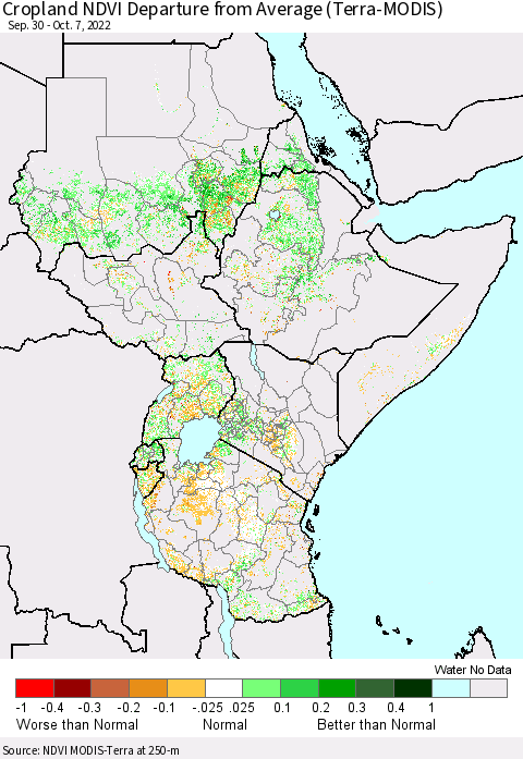 Eastern Africa Cropland NDVI Departure from Average (Terra-MODIS) Thematic Map For 9/30/2022 - 10/7/2022