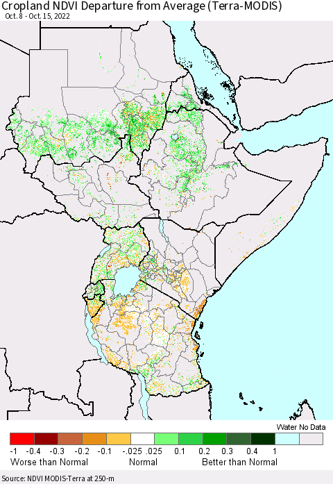 Eastern Africa Cropland NDVI Departure from Average (Terra-MODIS) Thematic Map For 10/8/2022 - 10/15/2022