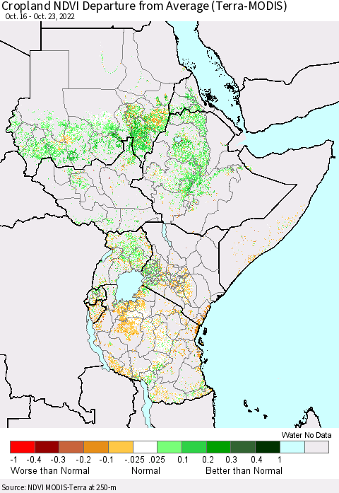Eastern Africa Cropland NDVI Departure from Average (Terra-MODIS) Thematic Map For 10/16/2022 - 10/23/2022