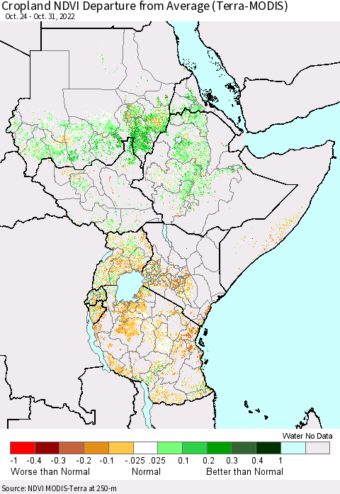 Eastern Africa Cropland NDVI Departure from Average (Terra-MODIS) Thematic Map For 10/24/2022 - 10/31/2022