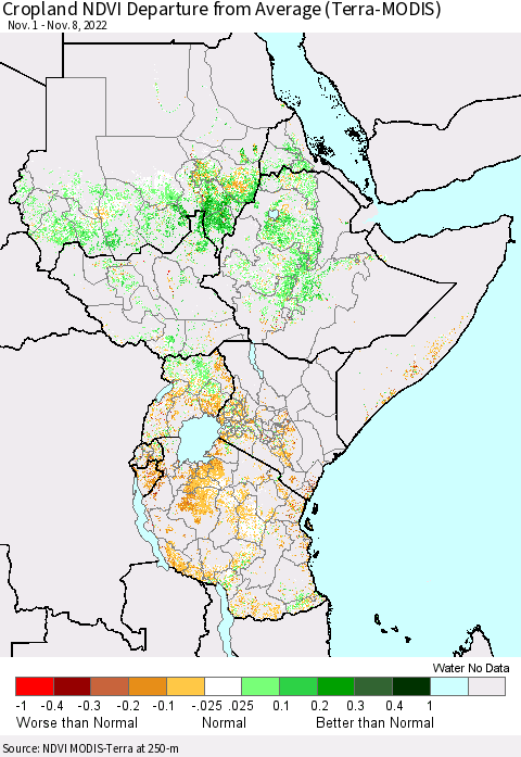 Eastern Africa Cropland NDVI Departure from Average (Terra-MODIS) Thematic Map For 11/1/2022 - 11/8/2022