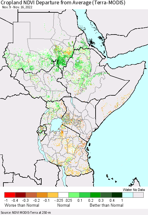 Eastern Africa Cropland NDVI Departure from Average (Terra-MODIS) Thematic Map For 11/9/2022 - 11/16/2022