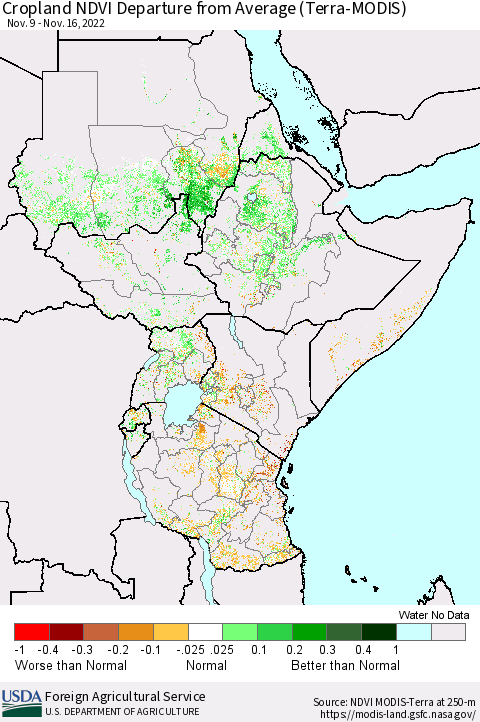 Eastern Africa Cropland NDVI Departure from Average (Terra-MODIS) Thematic Map For 11/11/2022 - 11/20/2022