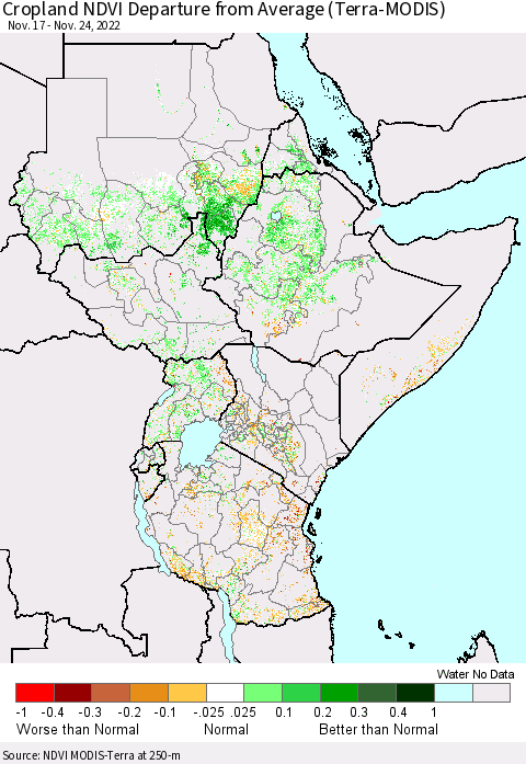 Eastern Africa Cropland NDVI Departure from Average (Terra-MODIS) Thematic Map For 11/17/2022 - 11/24/2022