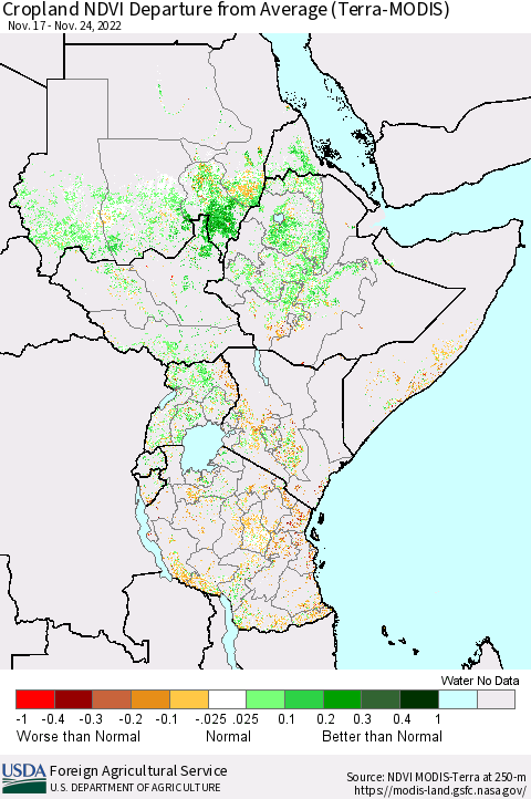 Eastern Africa Cropland NDVI Departure from Average (Terra-MODIS) Thematic Map For 11/21/2022 - 11/30/2022